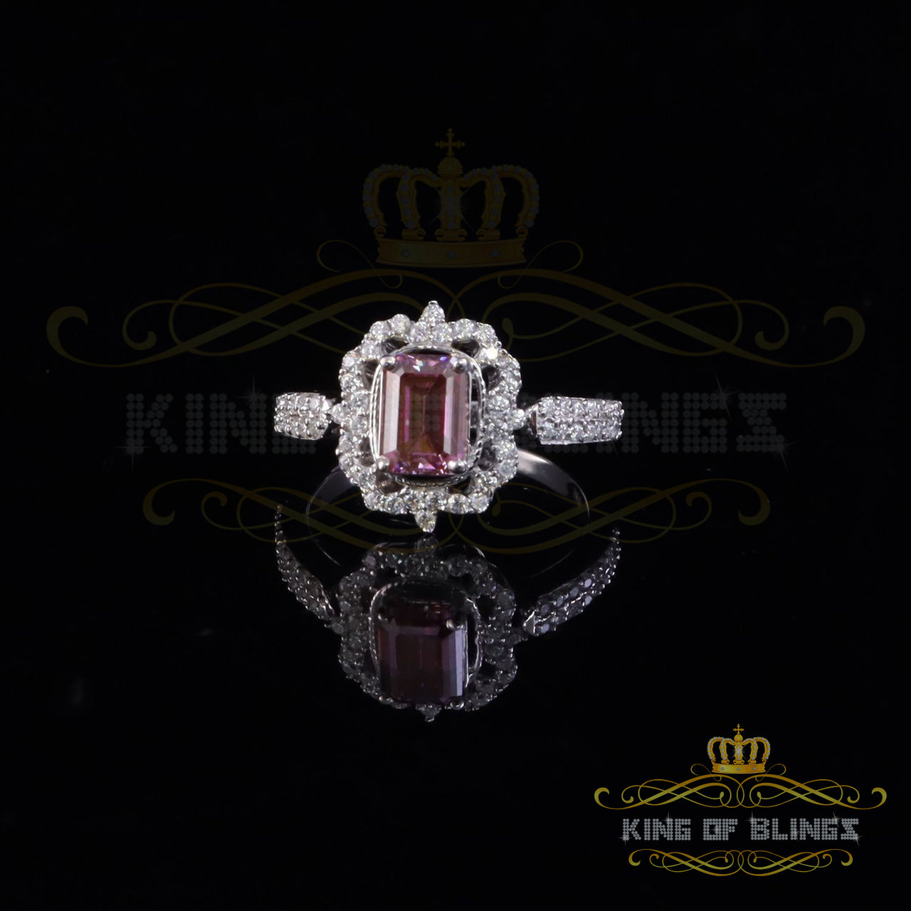 King of Bling's 2.00CT Womens 925 Silver White VVS D Pink Moissanite Emerald Engagement Ring SZ7