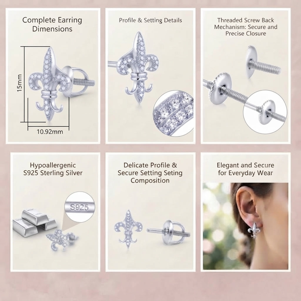 King of Bling's 925 White Silver Fleur de Lis Screw Back 0.25ct Cubic Zirconia Ladies Earrings KING OF BLINGS