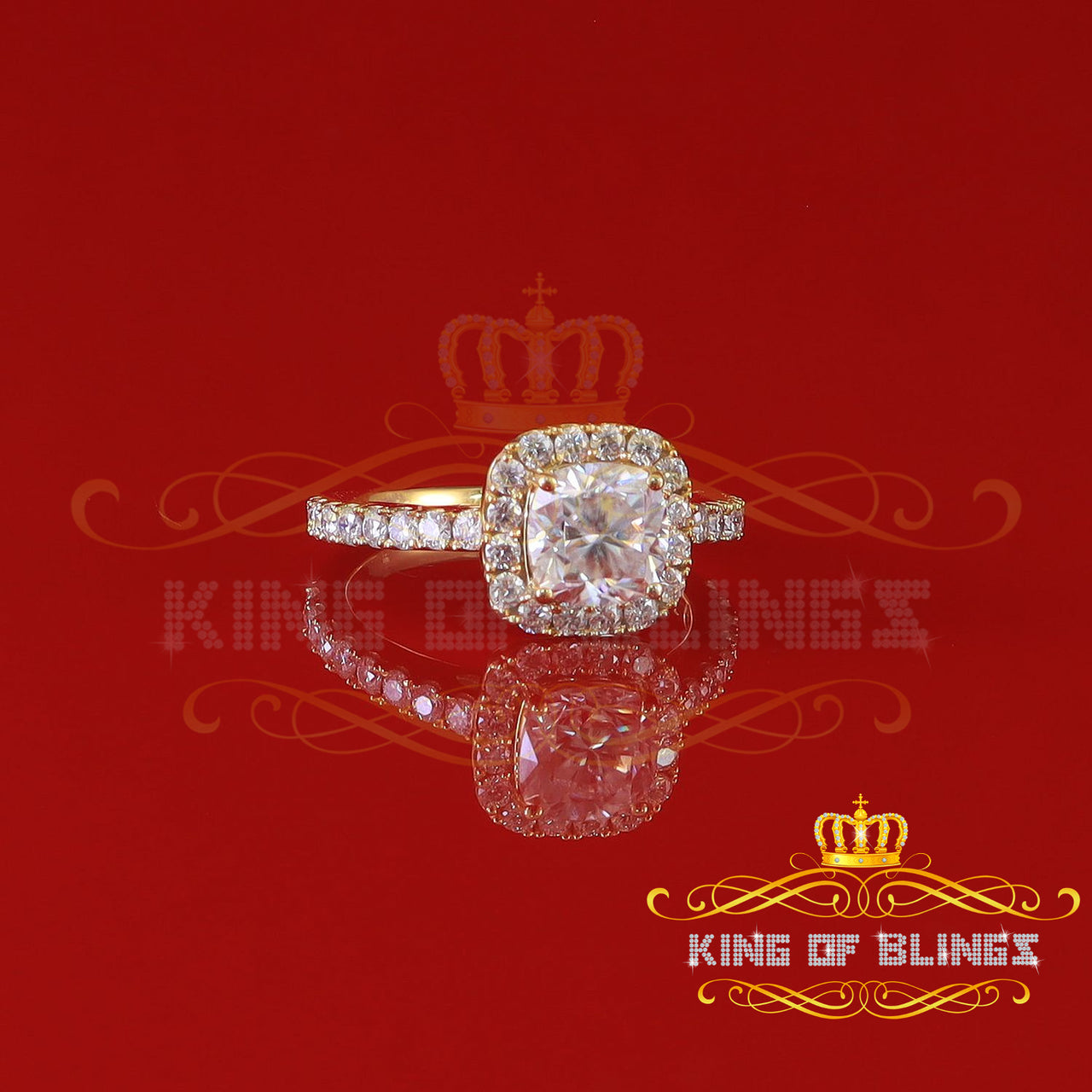 King Of Blings  10K Yellow Gold 2.50CT 'VVS' 'FL' D clr Moissonite Womens Cushion Cut Ring S/7