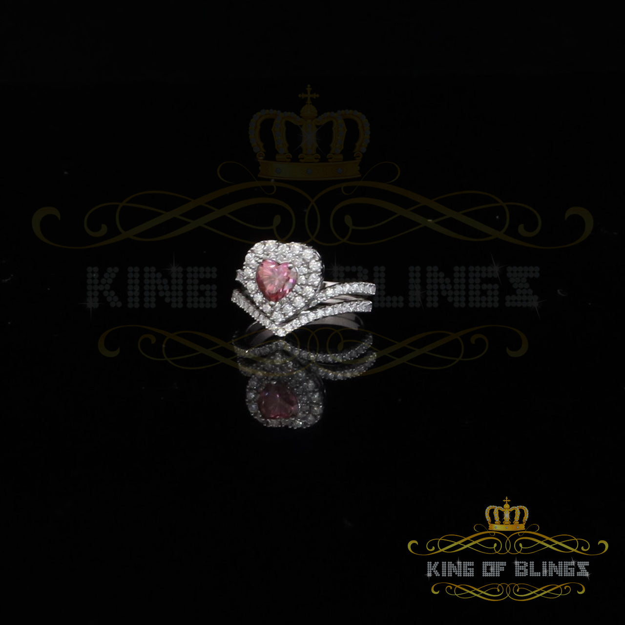 King of Bling's 1.66 CT Women's 925 Silver White VVS 'D' Pink Moissanite Heart Bridal Ring SZ 7