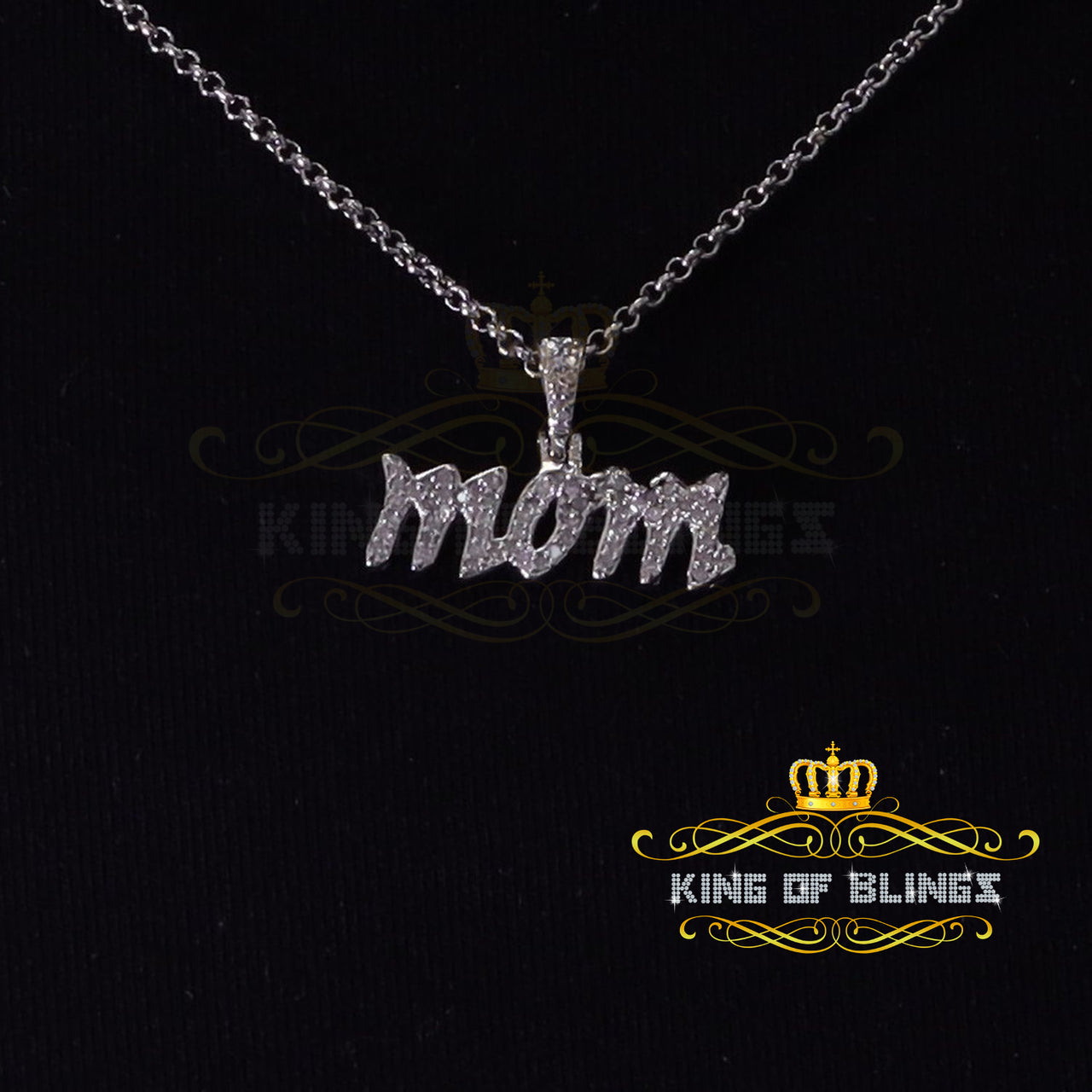 King Of Bling's White 925 Sterling Silver Real 0.25CT Diamond MOM'S Charm Necklace Pendant