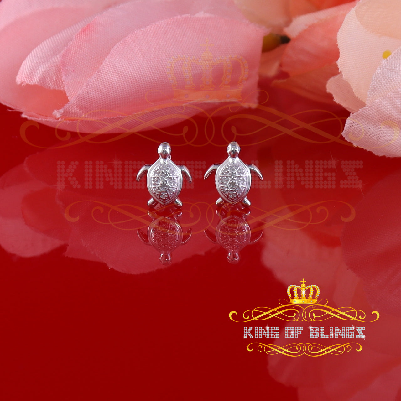 King Of Bling's 925 Sterling White Silver 0.10ct Diamond Turtle Earrings For Women's & Men's