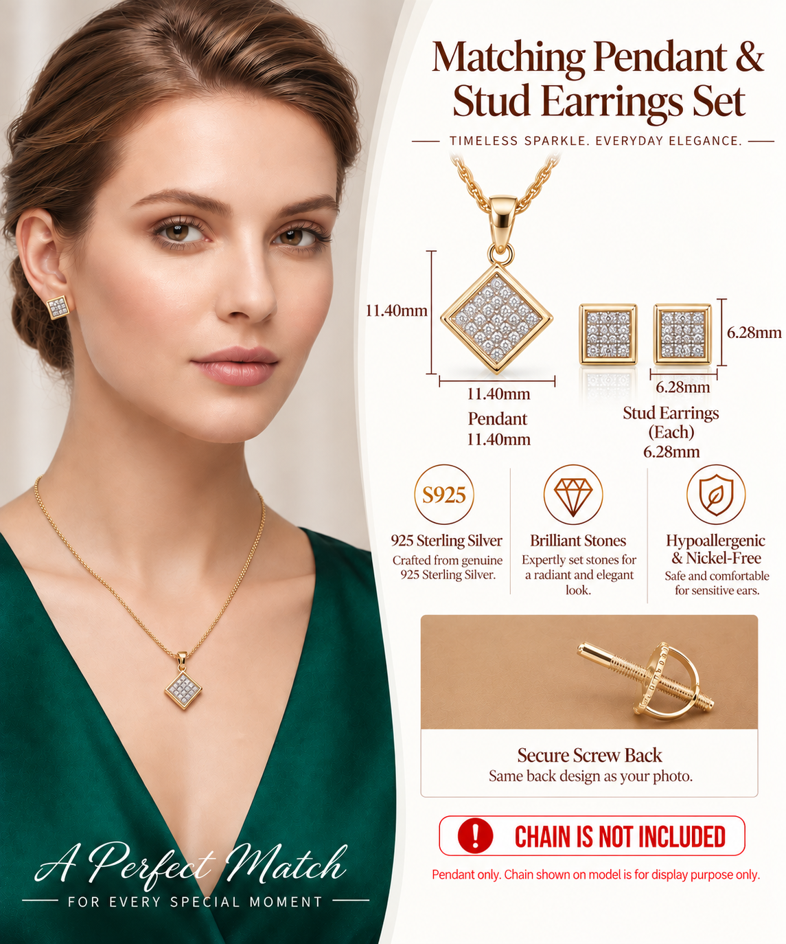 King of Bling's 925Yellow Silver 0.33CT Genuine Diamond Kite Shape Medallion Pendant&Earring Set King of Blings