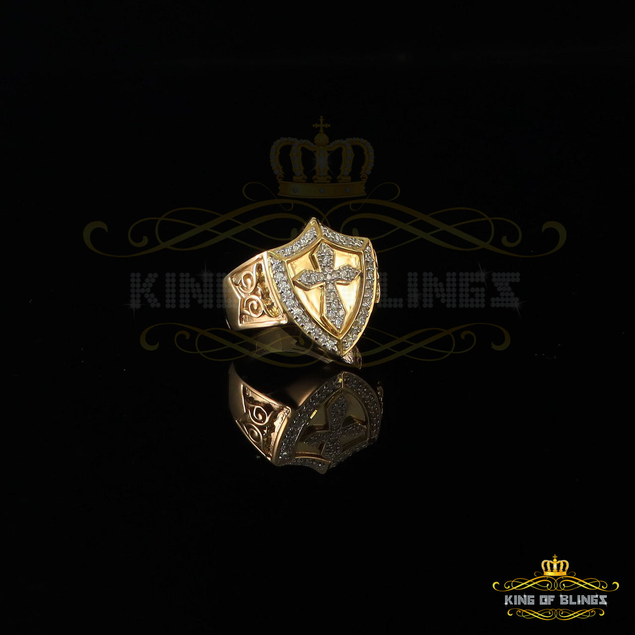 King Of Bling's 925 Sterling Yellow 0.92ct Cubic Zirconia Silver Shield Cross Men's Ring Size 9