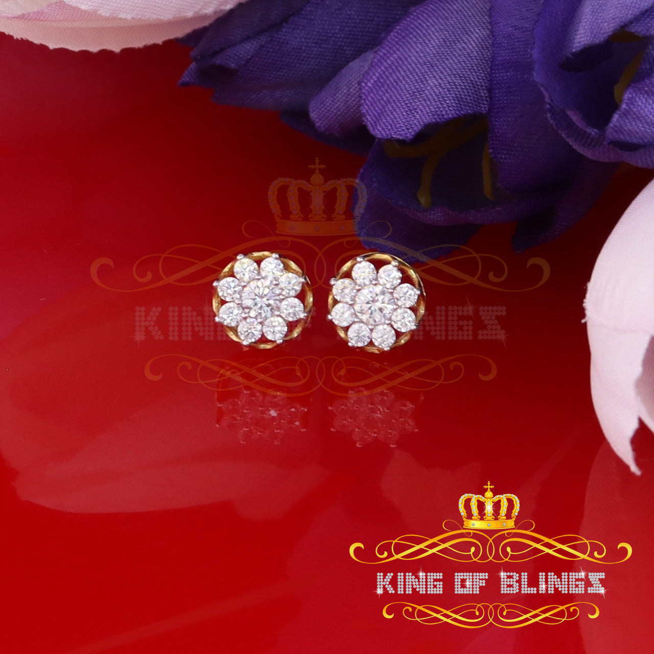King of Bling's 1.94ct Cubic Zirconia 925 Yellow Sterling Silver Women's Hip Hop Flower Earrings KING OF BLINGS