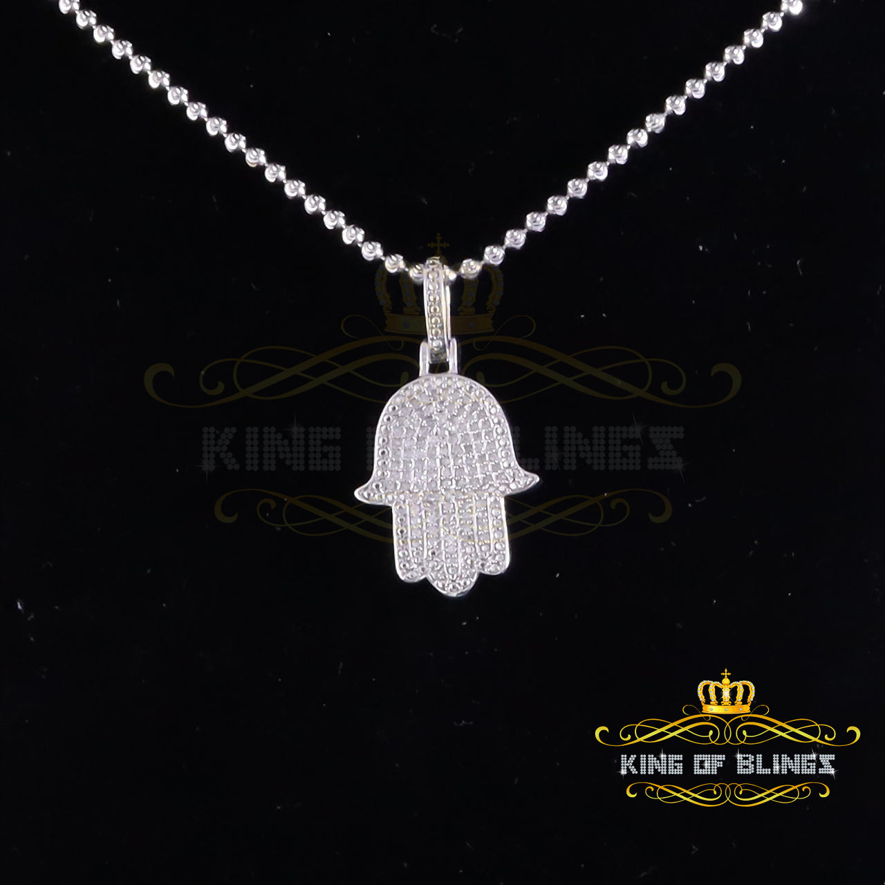 King Of Bling's Real 0.33ct Diamond 925 Sterling Silver HAMSA Charm Necklace Pendant in White