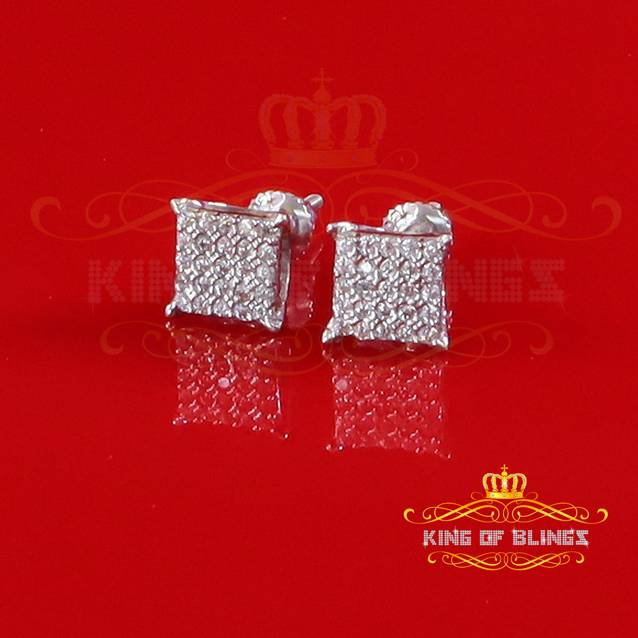 King of Bling's Elegant White 925 Silver Screw Back 0.50ct Cubic Zirconia Square Women Earrings