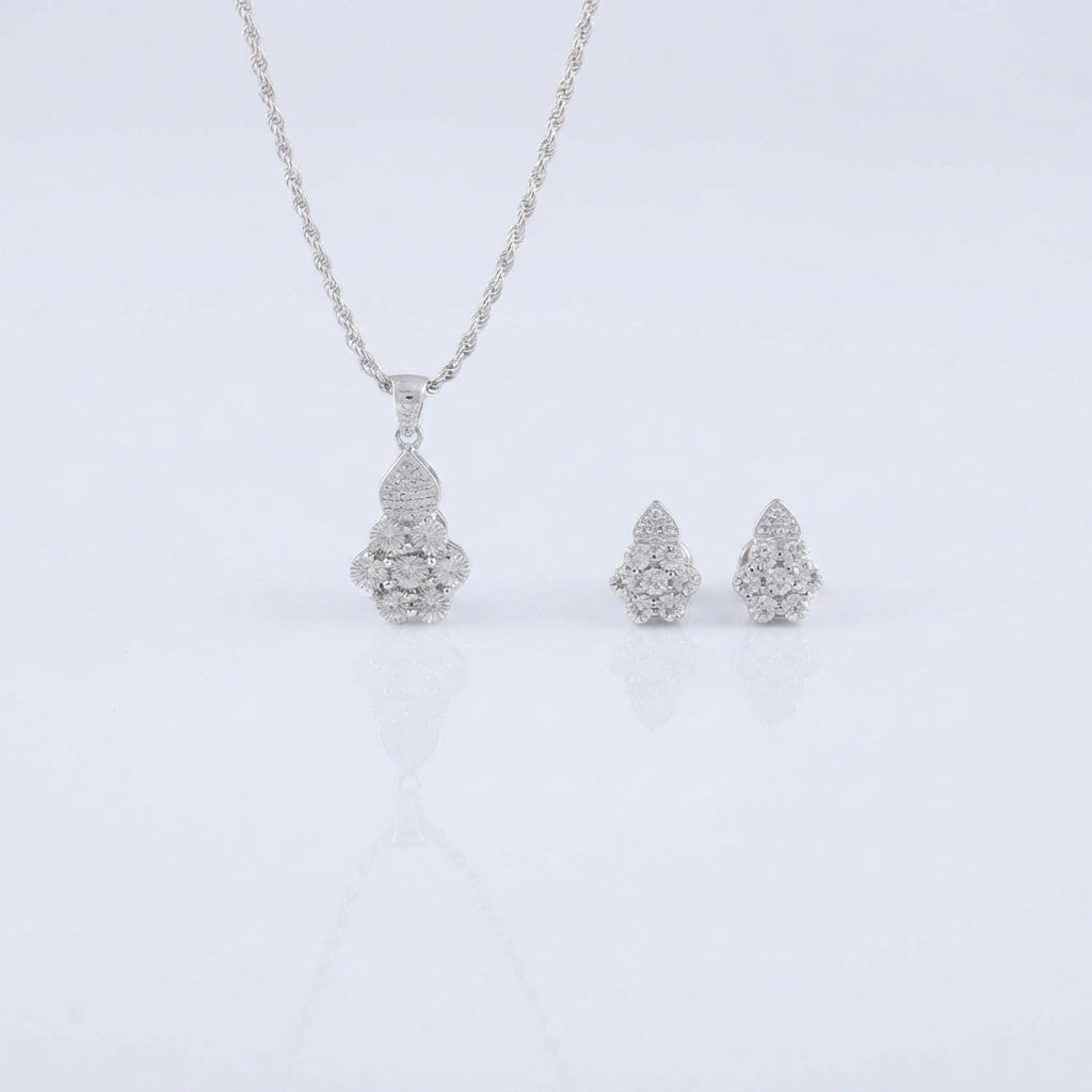 King of Bling's 925 White Silver 0.33CT Genuine Diamond Round Floral Shape Pendant & Earring Set King of Blings