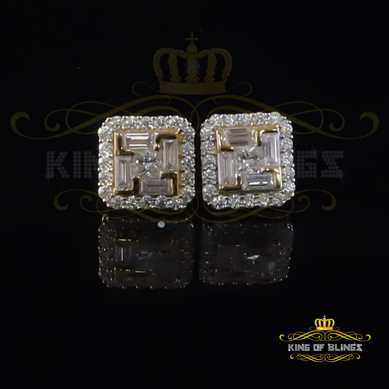 King  of Bling's New Men's Square Yellow Stud 925 Silver 1.66ct VVS 'D' Moissanite Womens Earring KING OF BLINGS