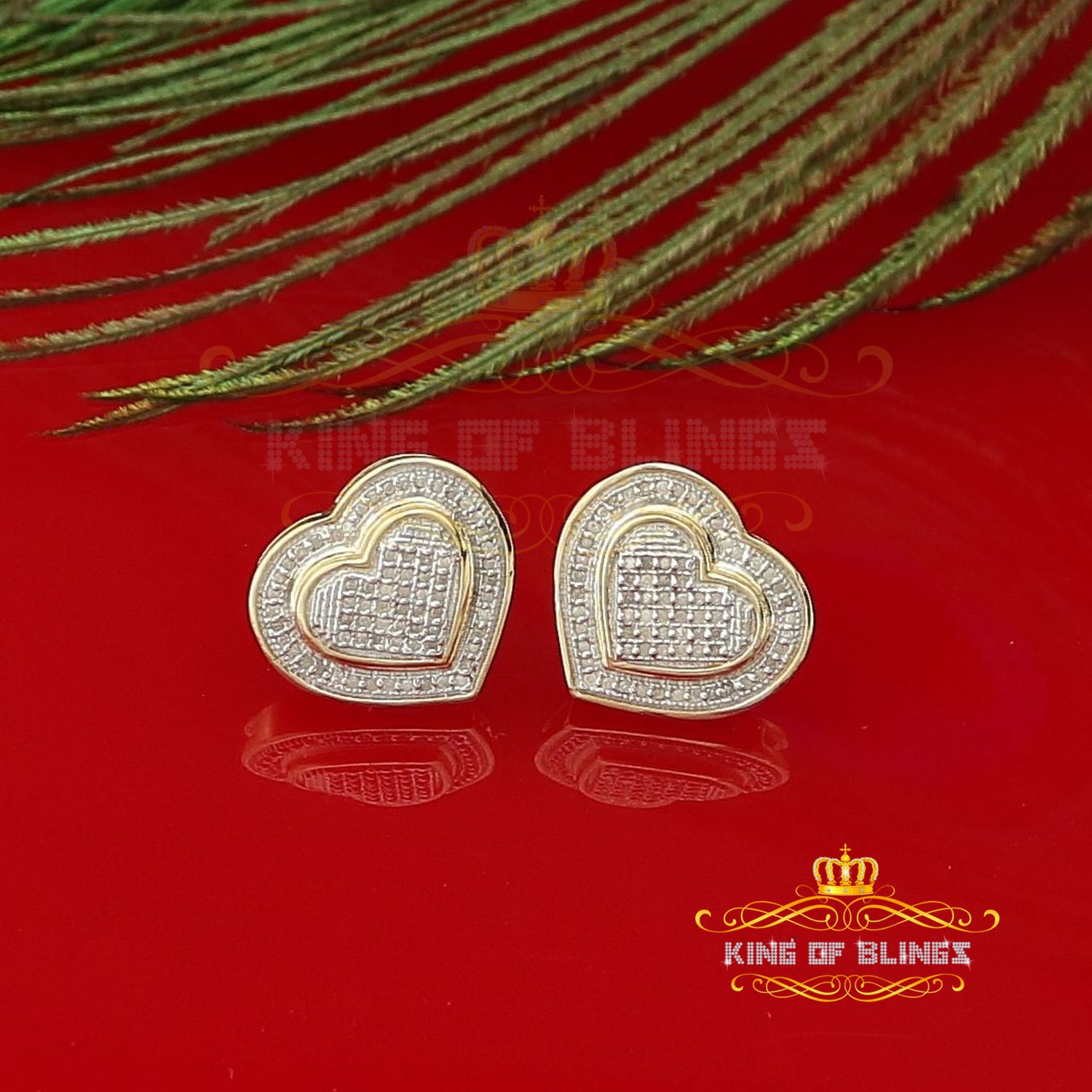 King of Blings-Aretes Para Hombre Heart 925 Yellow Silver 0.33ct Diamond Women's Style Earrings KING OF BLINGS