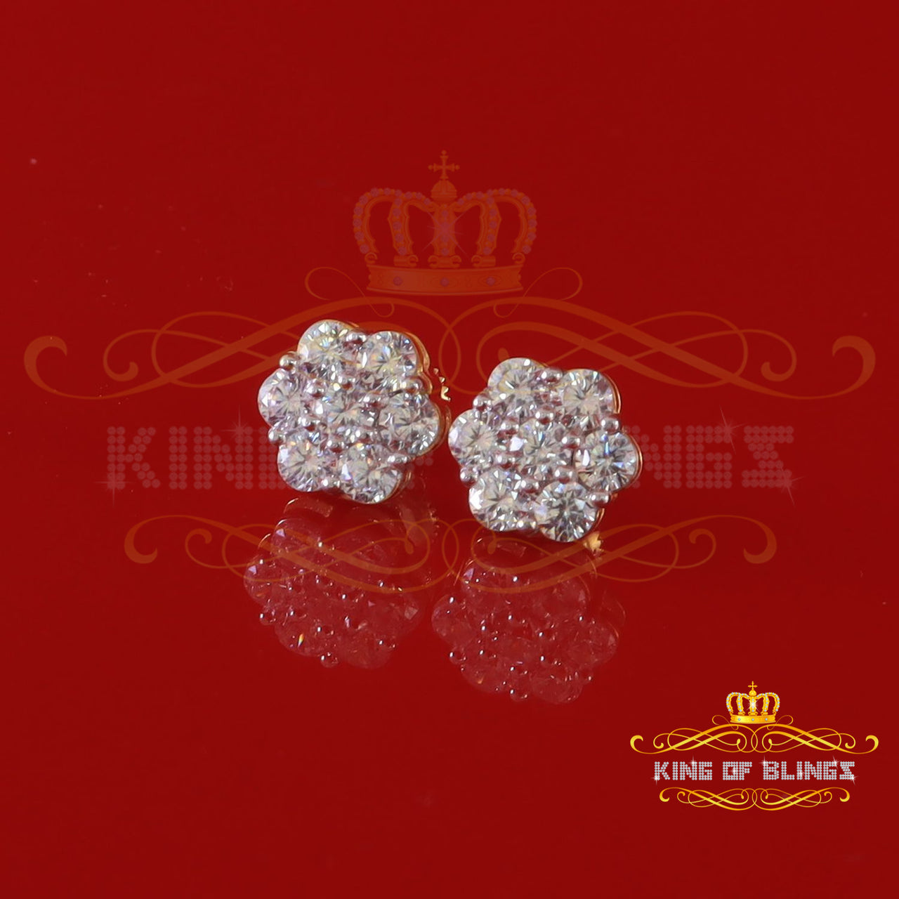King of Bling's 4.34ct Cubic Zirconia 925 Yellow Silver Women's & Men's Hip Hop Floral Earrings