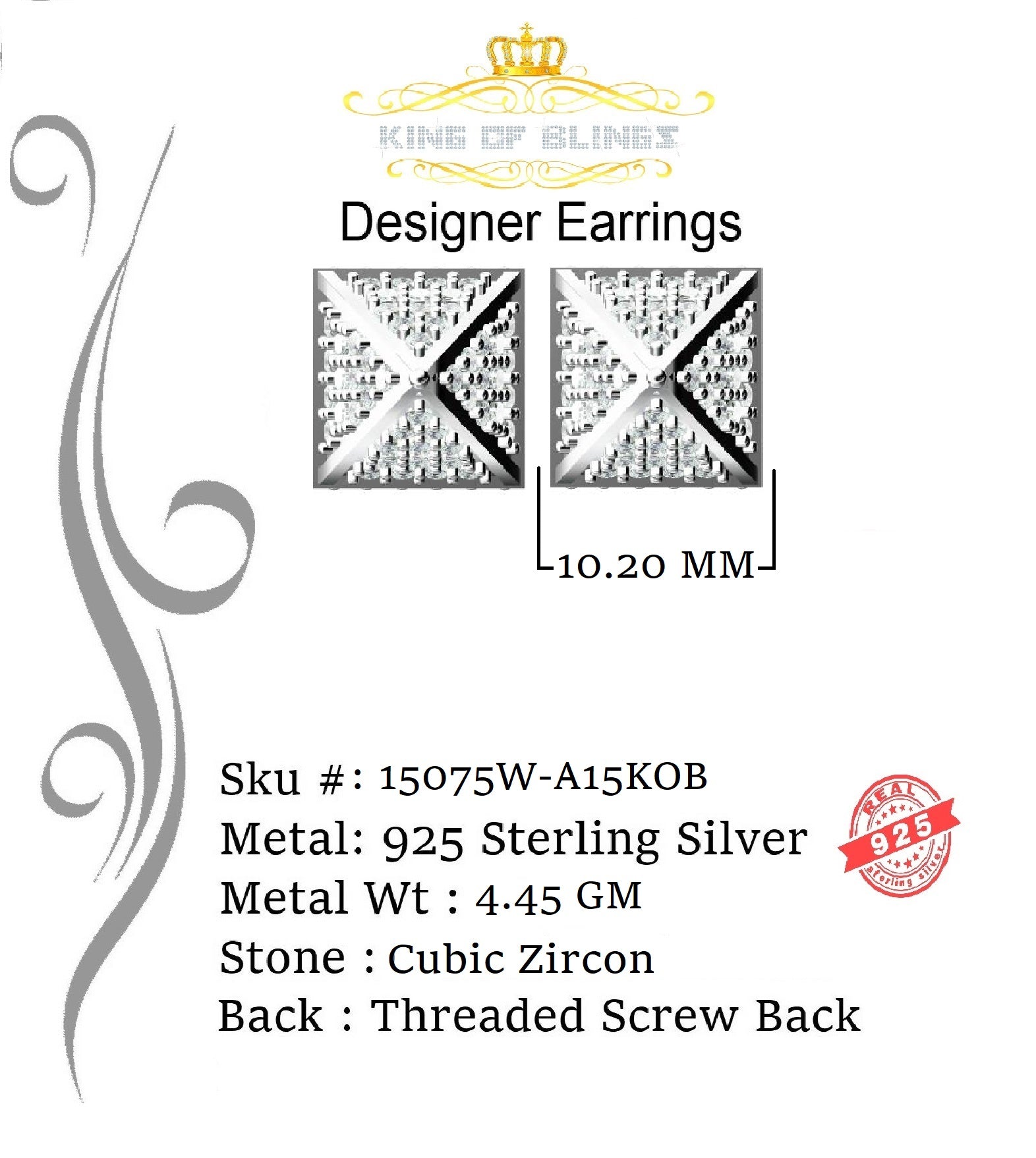 King of Blings- White 925 Silver Screw Back 2.19ct Cubic Zirconia Women Hip Hop Square Earrings KING OF BLINGS