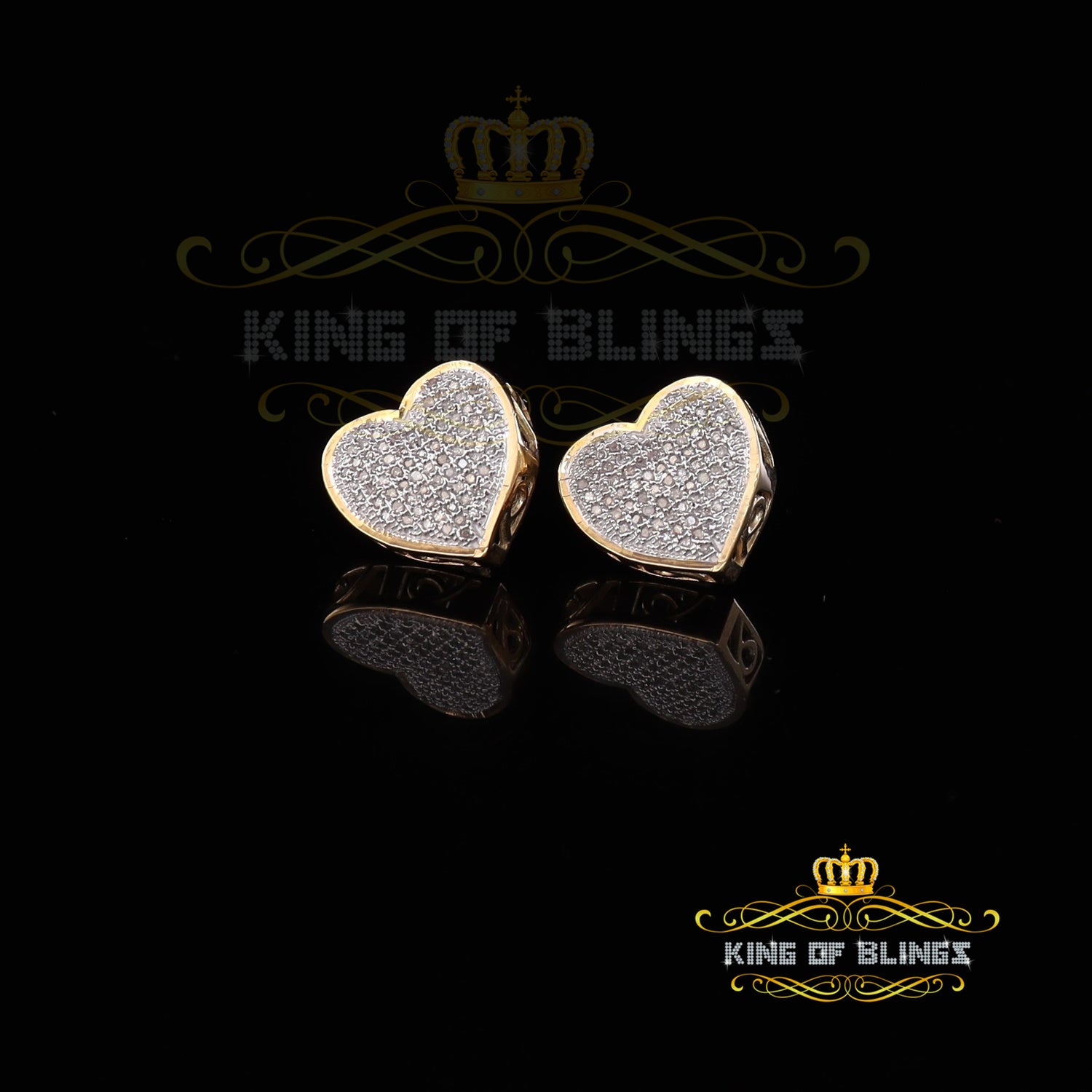 King of Blings-Micro Pave 0.33ct Real Diamonds 925 Yellow Silver Women's & Men's Heart Earrings KING OF BLINGS