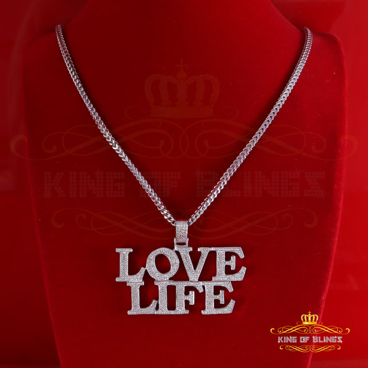 King Of Bling's Real 0.33ct Diamond 925 Sterling Silver 'LOVE LIFE' Charm Necklace White Pendant