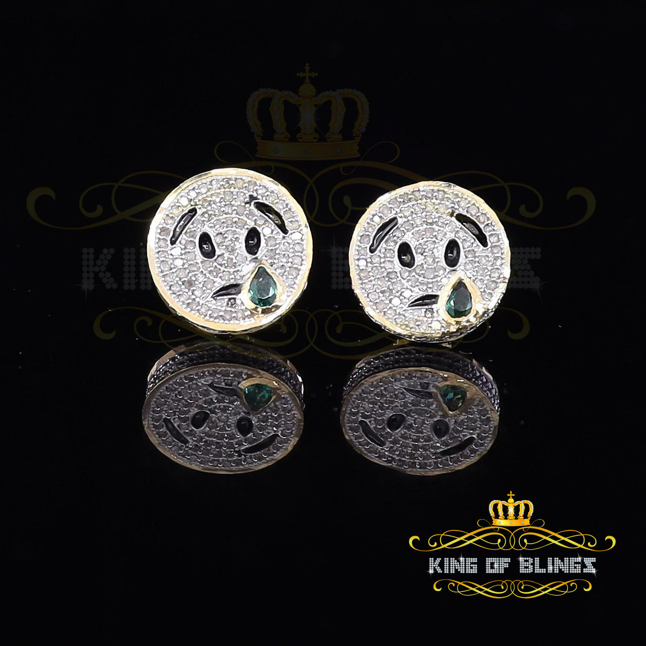 King of Blings-925 Sterling Yellow Silver 0.33ct Diamond Men's & Women's SAD Emoji Earring