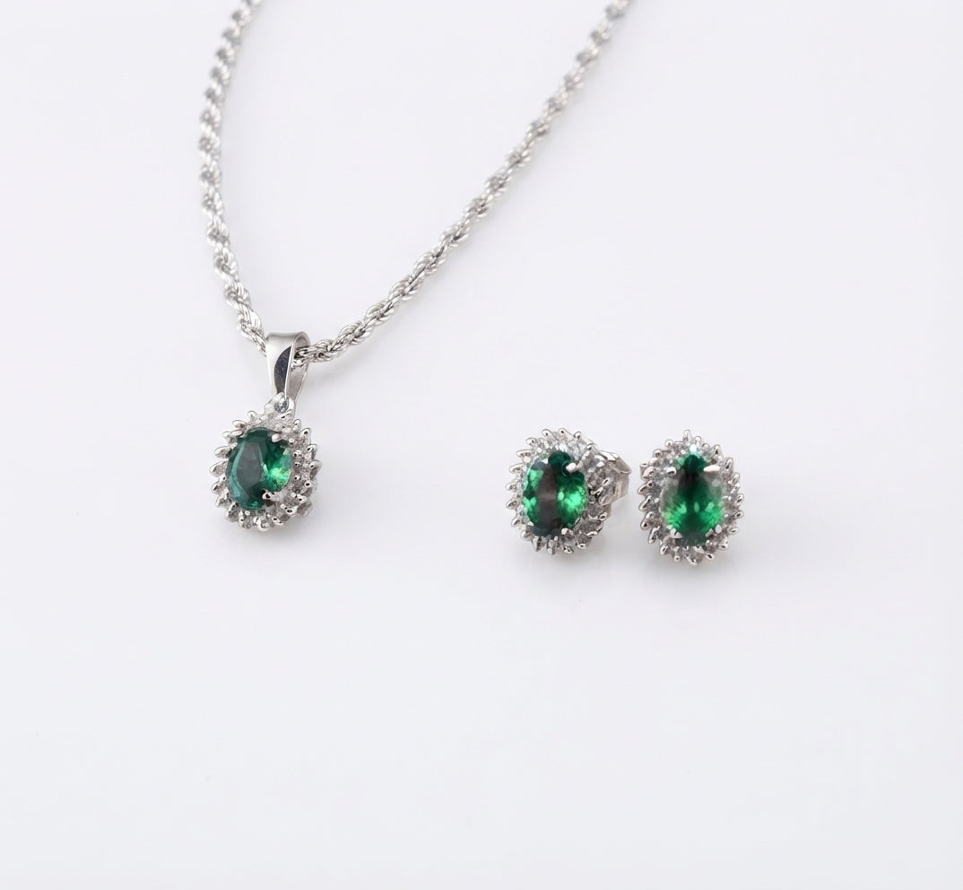 925White Silver 0.33CT Diamond Oval Simulated Emerald stone Pendant &Earring Set King of Blings
