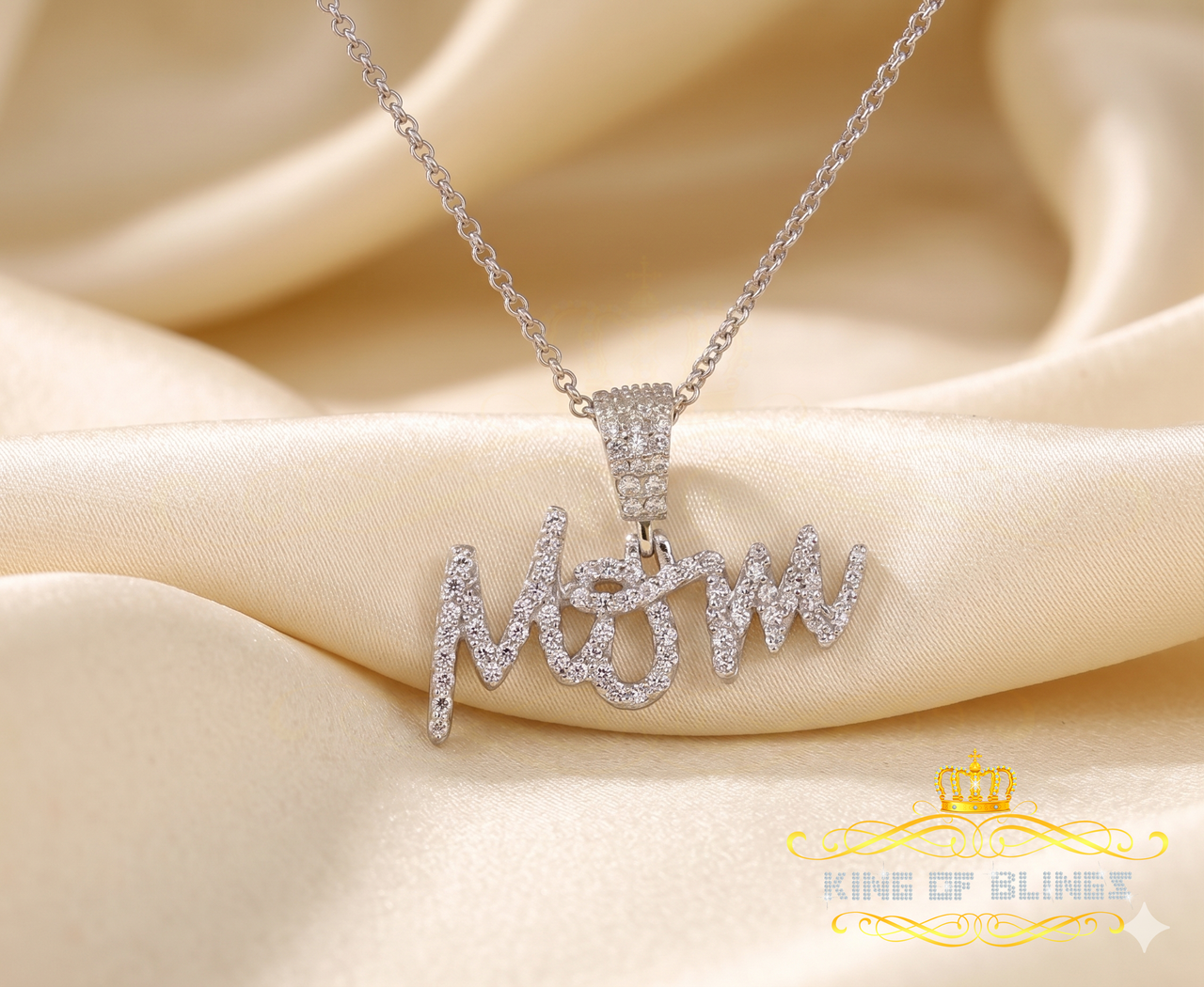 King Of Bling's Beautiful MOM Letter Pendant with 0.90ct Cubic Zirconia White Sterling Silver