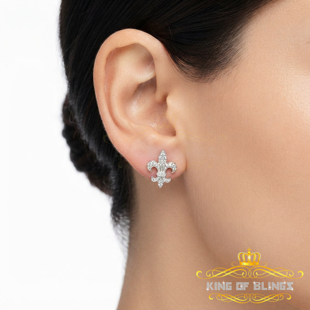 King of Bling's 925 White Silver Fleur de Lis Screw Back 0.25ct Cubic Zirconia Ladies Earrings KING OF BLINGS