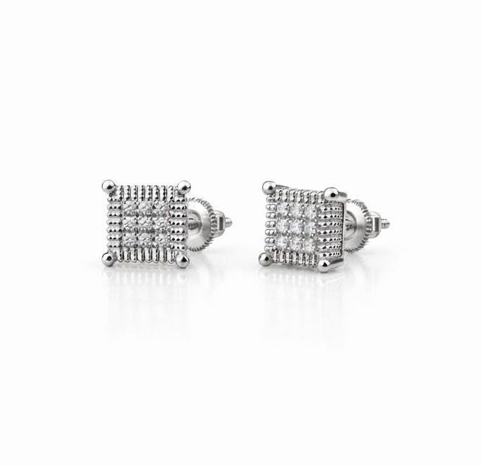 King Of Bling's 0.10ct Diamond Aretes Para Hombre 925 Silver Women & Men White Square Earring KING OF BLINGS