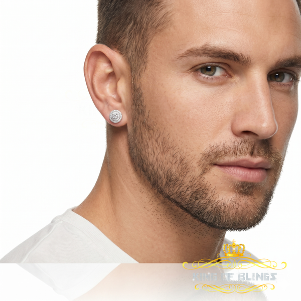King of Bling's White Silver 925 Aretes Para Hombre 0.92ct Cubic Zirconia Women's Round Earring