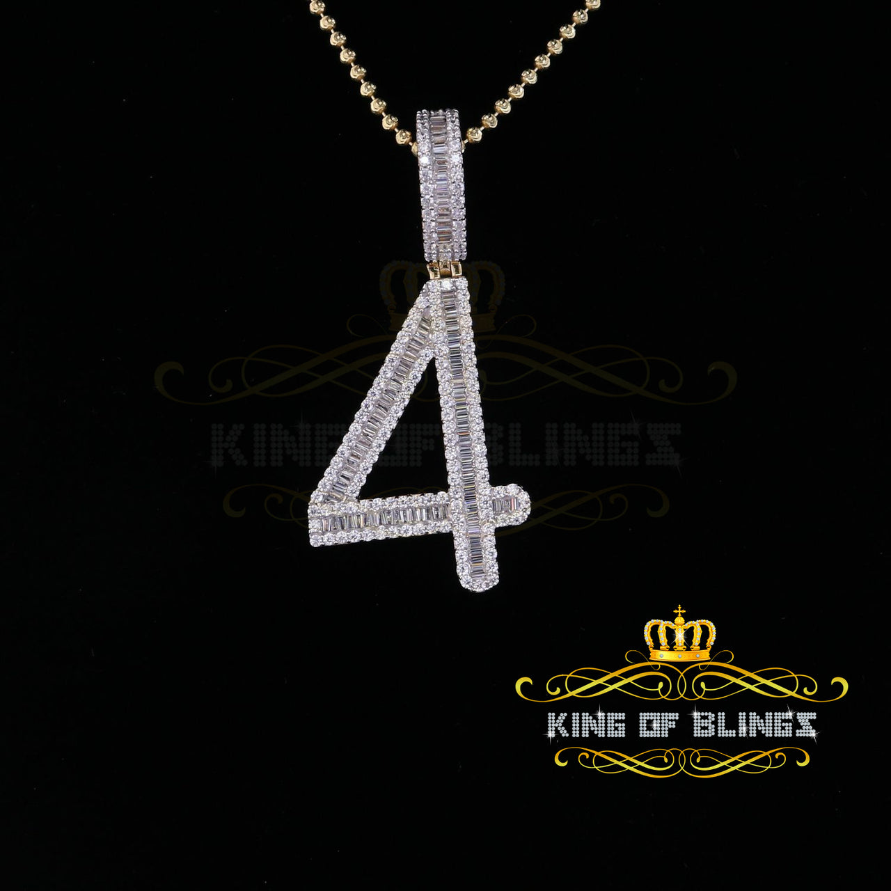 Yellow 925 Silver Baguette Numeric Number '4' Pendant 4.86ct Cubic Zirconia