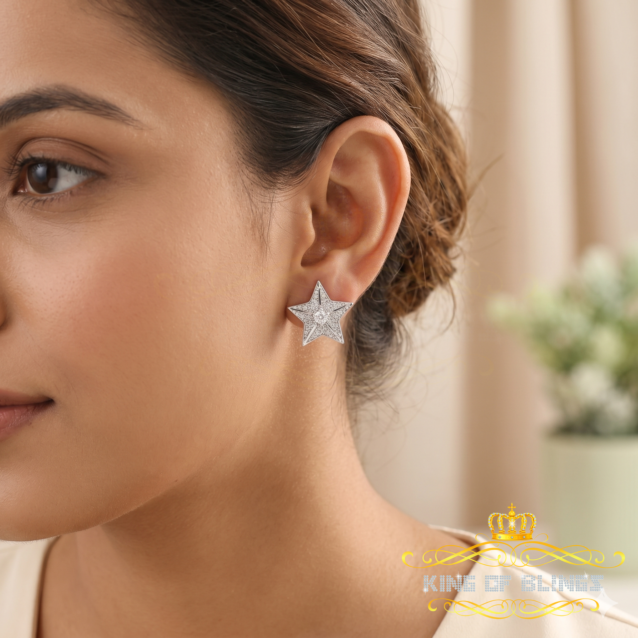 King Of Bling's 925 Sterling Silver White 0.25ct Diamond For Women's / Men's Stud Star Earrings