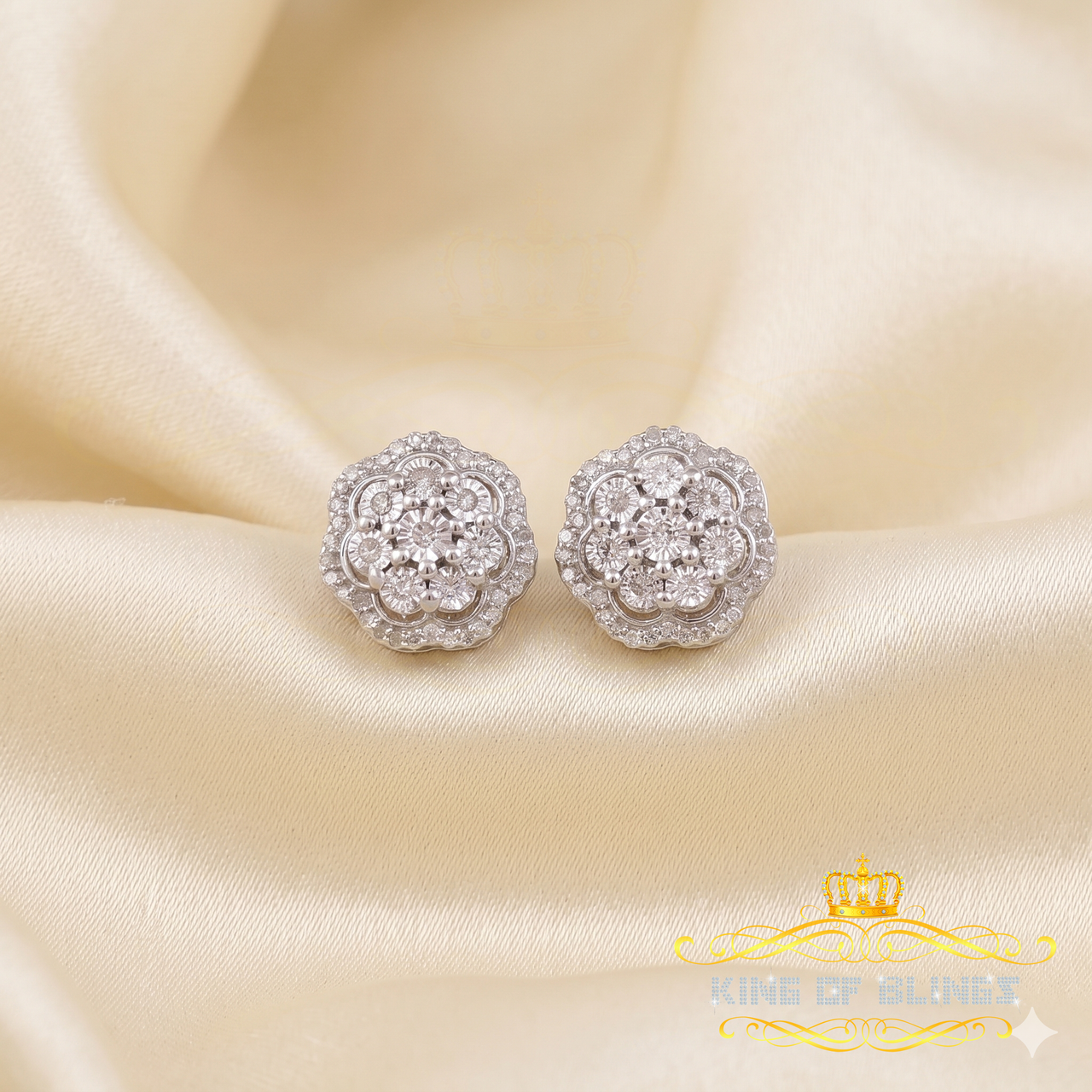 King Of Bling's 0.25ct Diamond 925 Sterling Silver White For Men's / Women's Floral Earrings