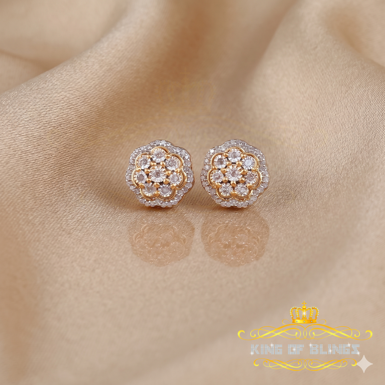 King of Blings-0.25ct Diamond 925 Sterling Silver Yellow For Men's / Women's Floral Earrings
