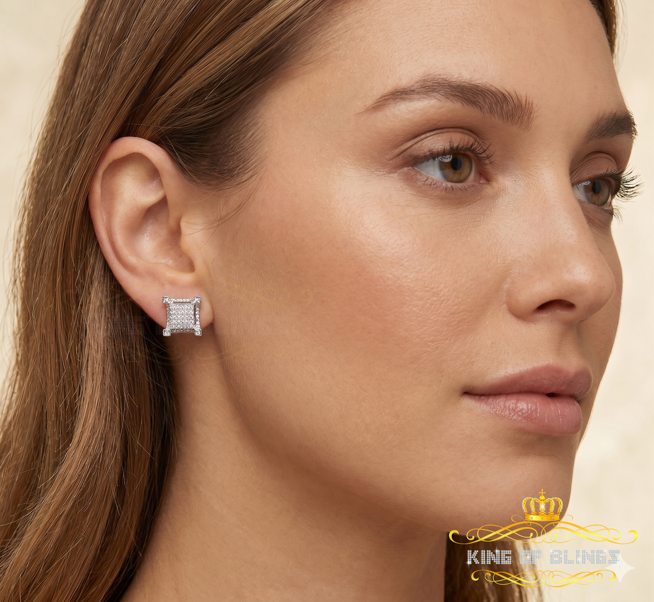 King Of Bling's White 925 Sterling Silver Hip Hop 0.15ct Diamond Men's & Women's Square Earring
