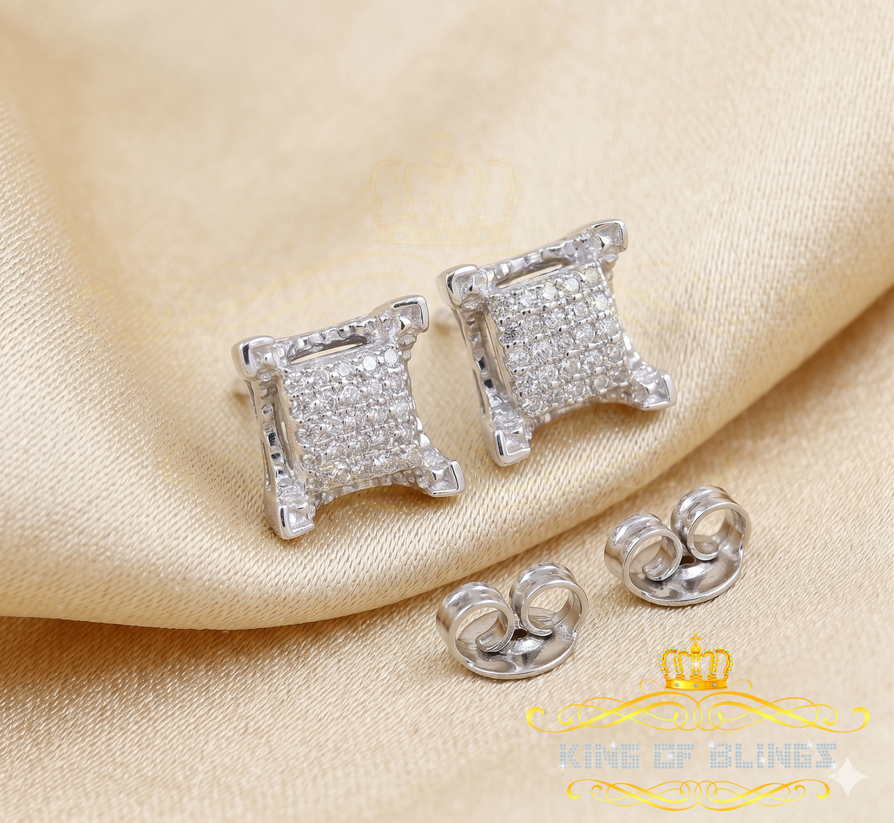 King Of Bling's White 925 Sterling Silver Hip Hop 0.15ct Diamond Men's & Women's Square Earring
