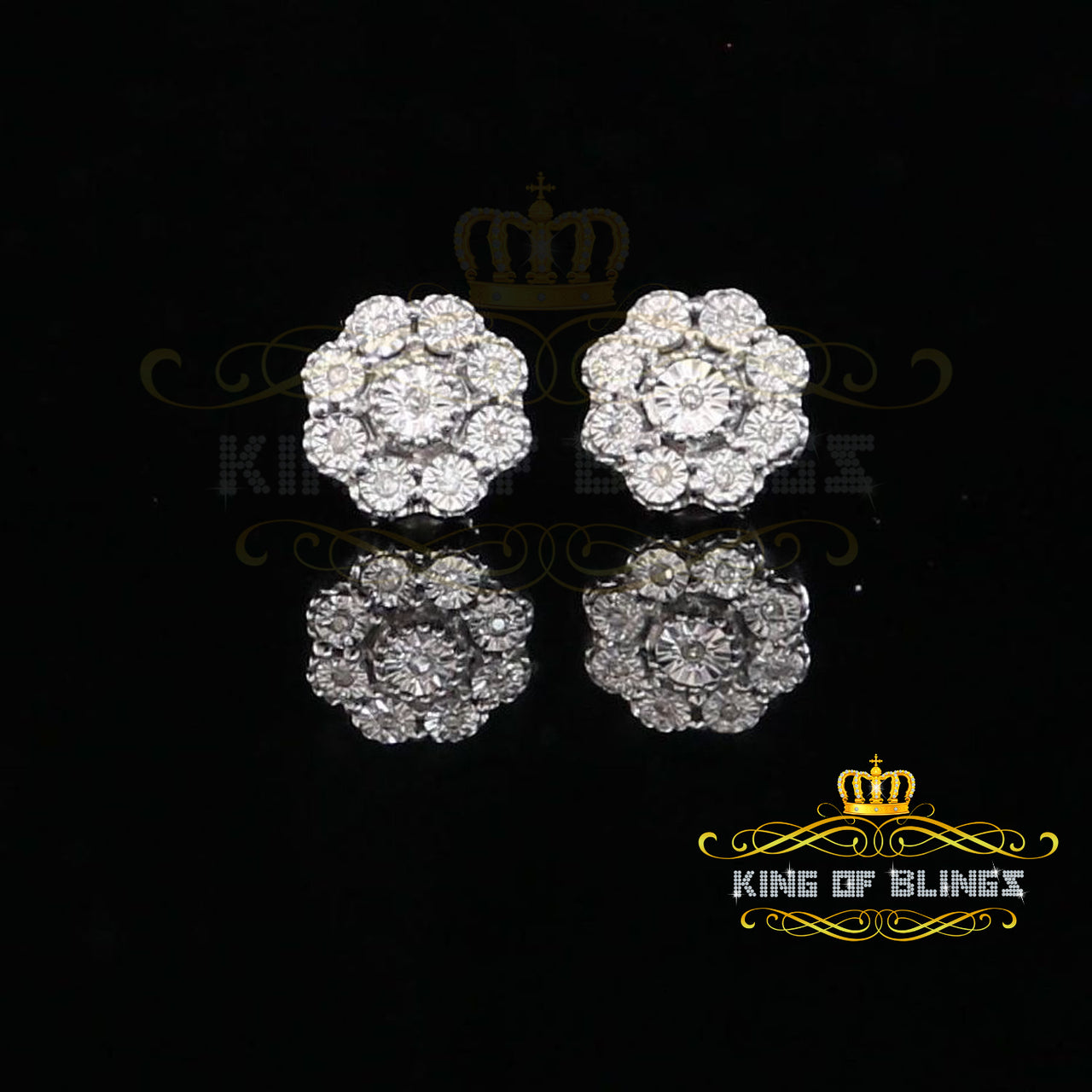 King Of Bling's 0.03ct Diamond 925 Sterling Silver White Floral Earrings For Men's & Women's