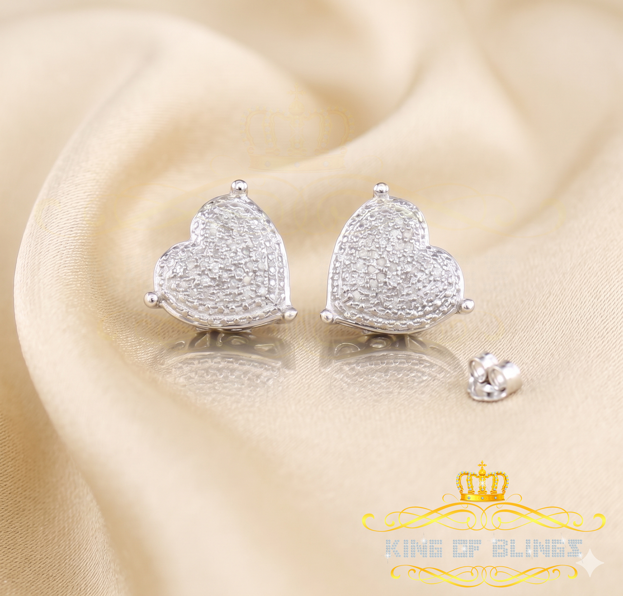 King Of Bling's Aretes Para Hombre 925 White Silver 0.25ct Diamond Women's /Men's Heart Earring