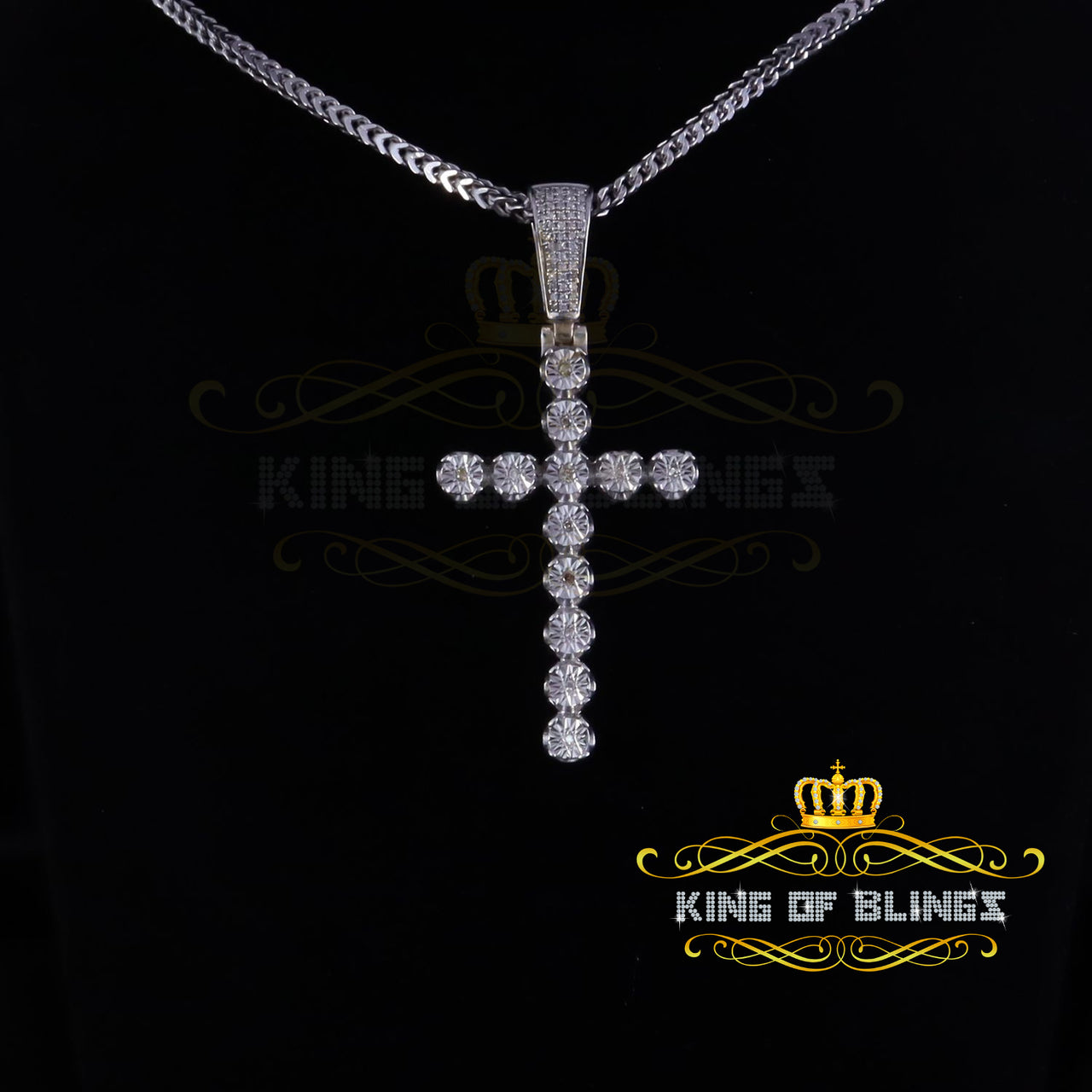 King Of Bling's 0.40CT Real Diamond Crystal Cross 925 Sterling Silver White Necklace Pendant