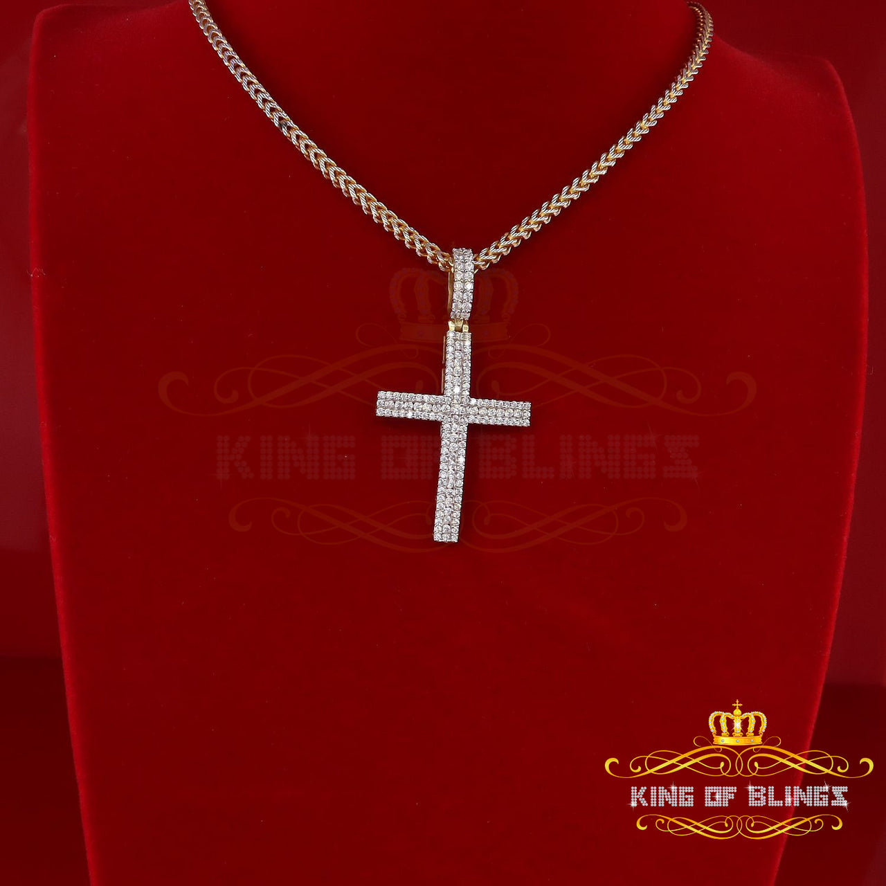 King Of Bling's Yellow 925 Sterling Silver Cross Pendant with 2.00ct Cubic Zirconia Stone