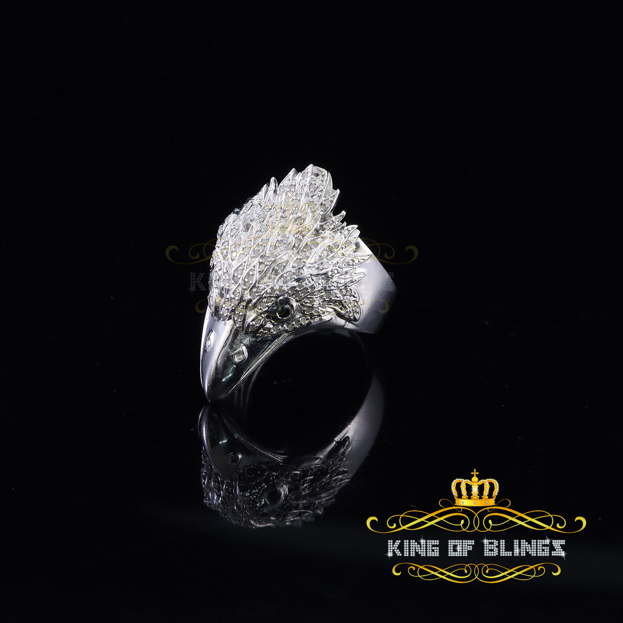 King Of Bling's Real Diamond 0.66CT Sterling Silver 925 White Raven Head Men's Big Ring Size 12