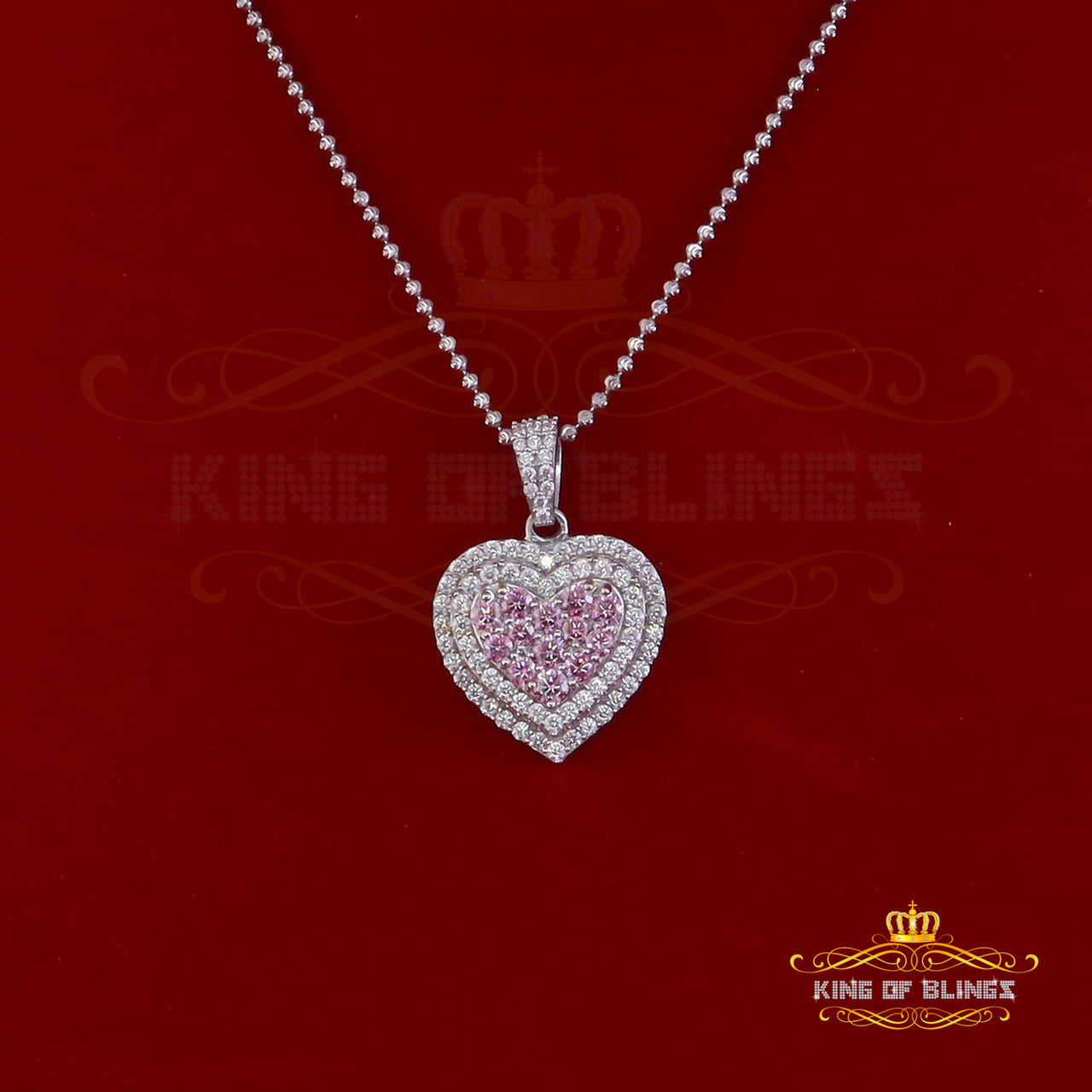 King Of Bling's Women's 925 Silver White 11.00 ct VVS'D' Pink Moissanite 3D Double Heart Pendant