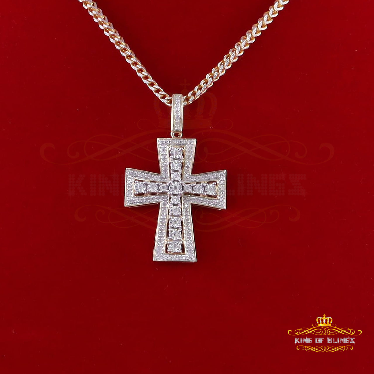 King Of Bling's Real 0.33ct Diamond 925 Sterling Silver Cross Charm Necklace Yellow Pendant