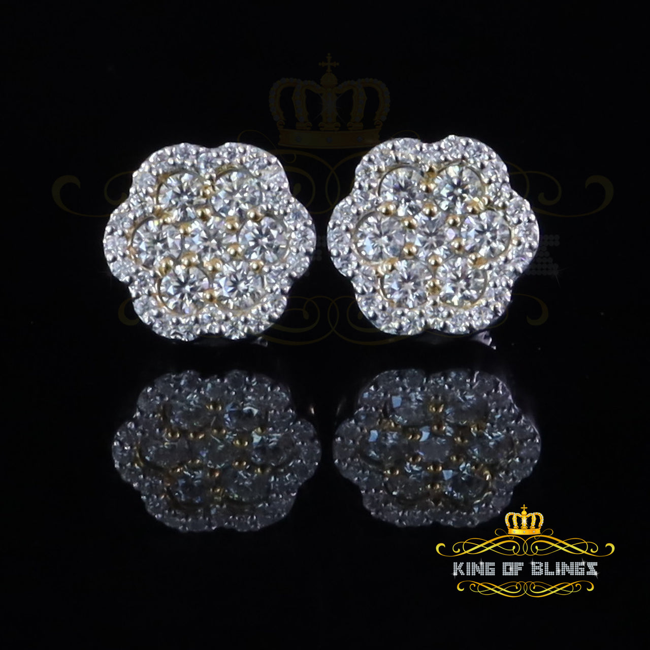 King of Bling's Yellow/White Floral Silver 1.50ct VVS 'D' Moissanite 925 Earrings Men's/Womens