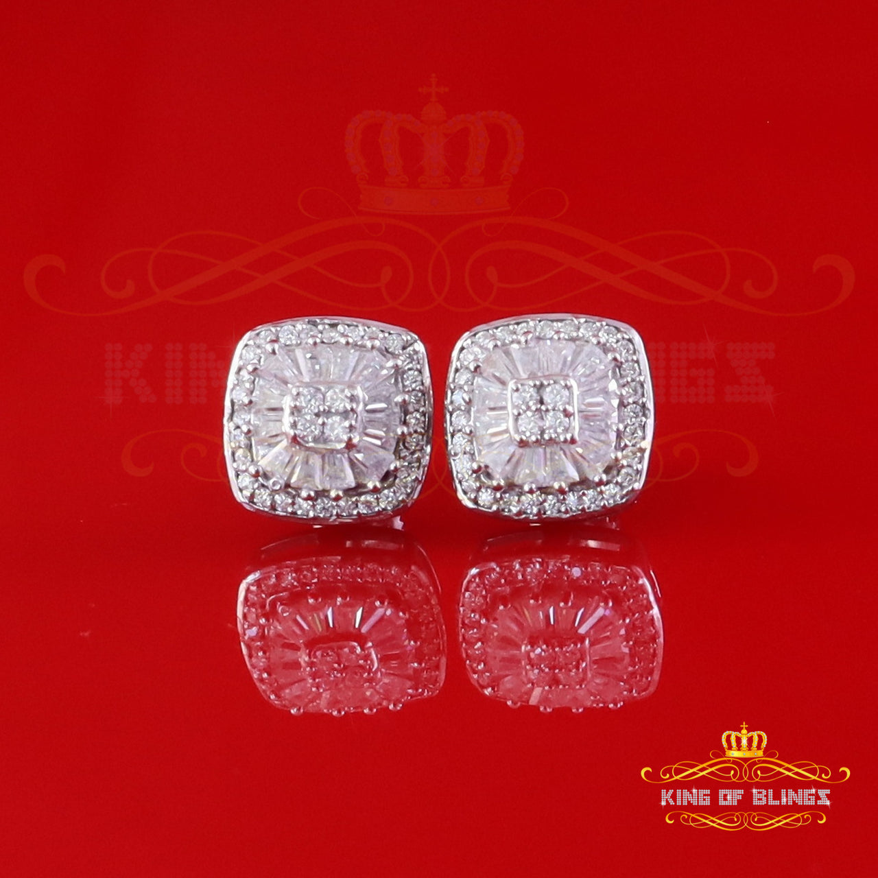 King of Bling's White Silver 1.00ct VVS 'D' Moissanite Floral Square Earring Men's/Womens King of Blings