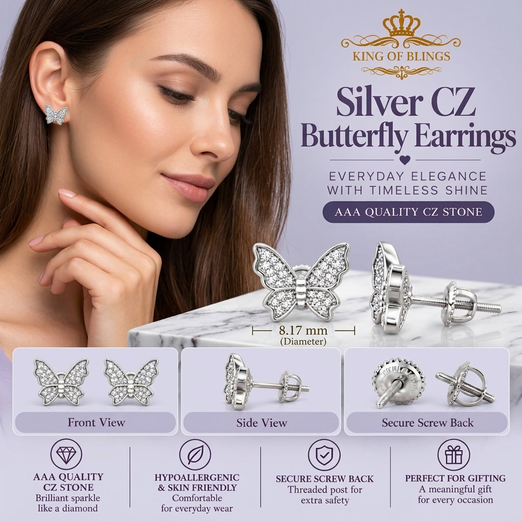 King of Bling's Women's 0.17ct Cubic Zirconia Butterfly Stud Earrings White 925 Sterling Silver KING OF BLINGS