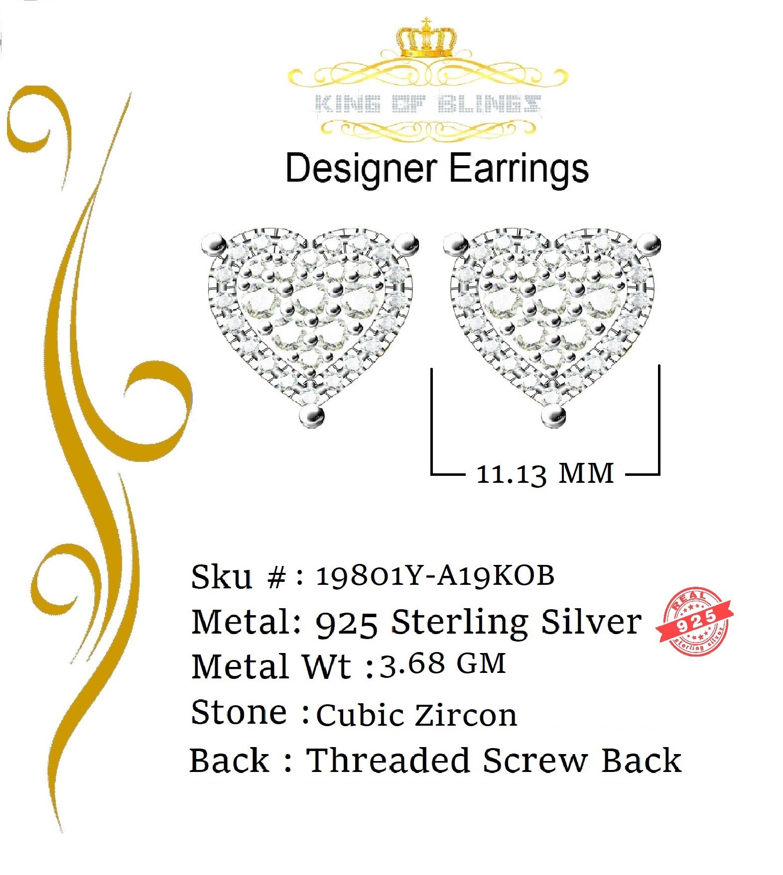 King of Bling's Aretes Para Hombre 925 Yellow Silver 1.64ct Cubic Zirconia Heart Women's Earring KING OF BLINGS