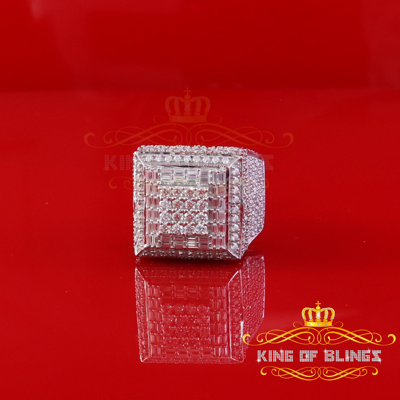King of Bling's Men's/Womens 925 Silver White 5.50ct VVS 'D' Moissanite 3D Square Rings Size 10