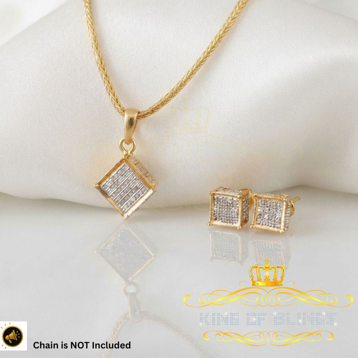 King of Bling's 925Yellow Silver 0.33CT Genuine Diamond Kite Shape Medallion Pendant&Earring Set King of Blings