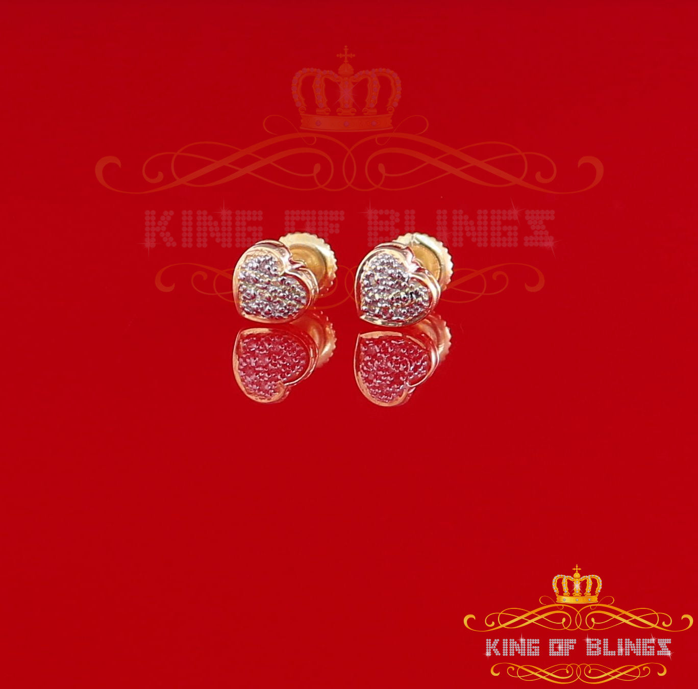 King Of Bling's 10K Real Yellow Gold Real Diamond 0.05CT Men's/Women's Stud Micro Heart Earring KING OF BLINGS