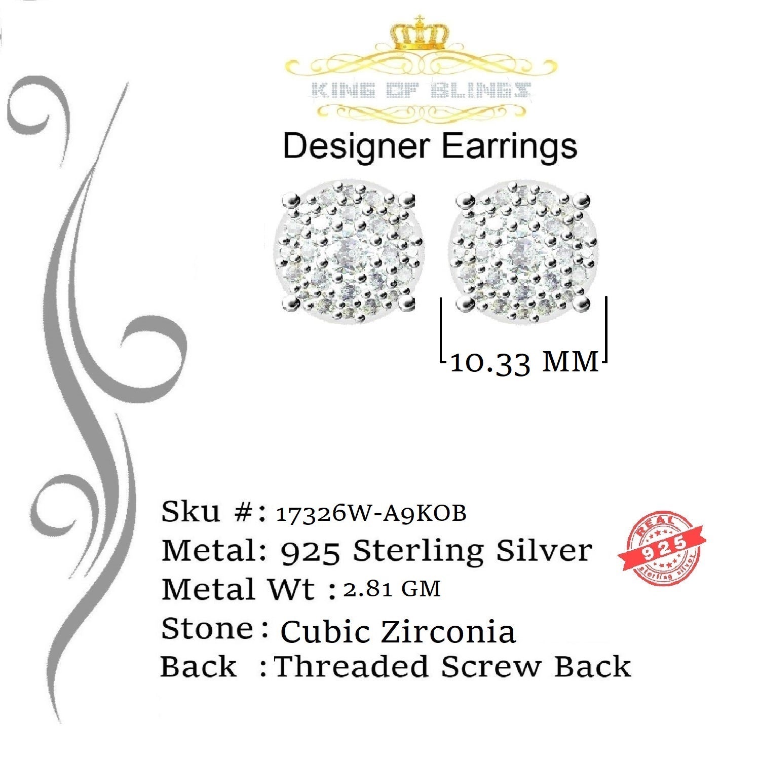 King of Blings- Aretes Para Hombre 925 White Silver 1.20ct Cubic Zirconia Round Women's Earrings KING OF BLINGS