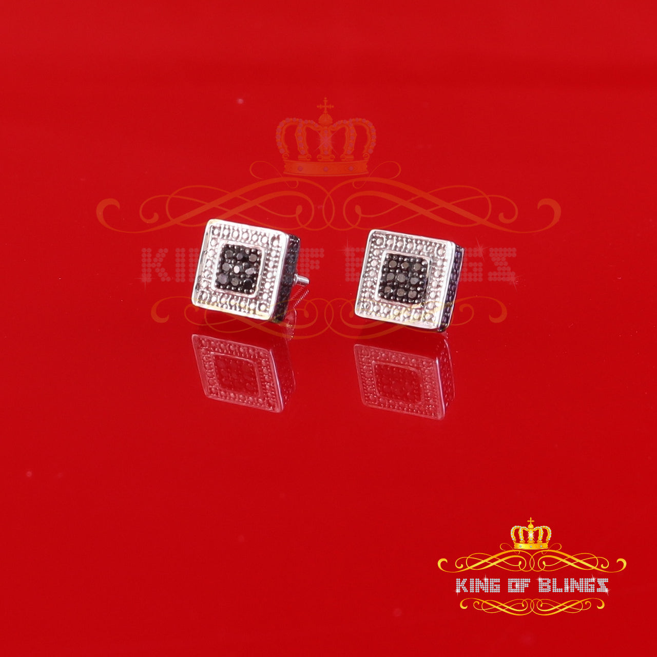 King Of Bling's 3D Square Earring 925 Sterling White Silver 0.25ct Round Genuine Black Diamond