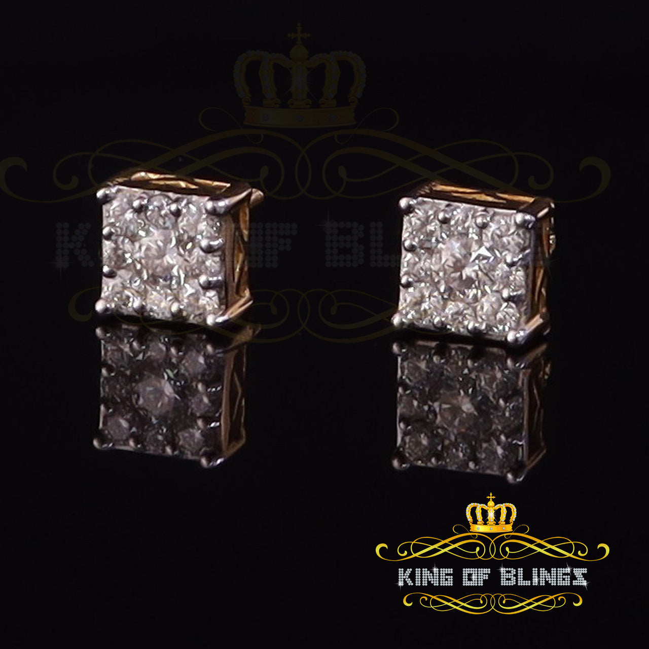 King Of Bling's Real Moissanite Stud Square Earrings 10k Real Yellow Gold 1.00ct VVS 'D' Color