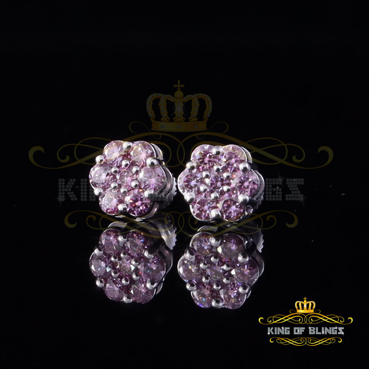 King of Bling's Mens/Womens 925 Silver White 1.00ct VVS 'D' Pink Moissanite Floral Stud Earrings