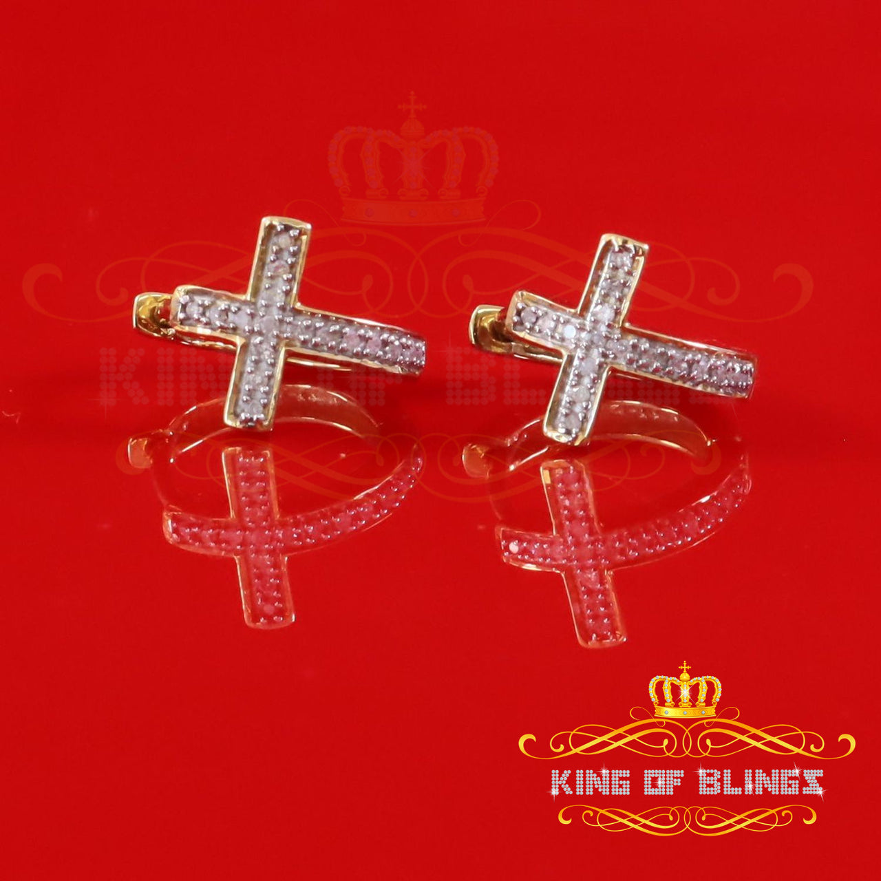 King of Blings-0.15ct Diamond 925 Sterling Silver Yellow Hoop Stud cross Earring For Men /Women