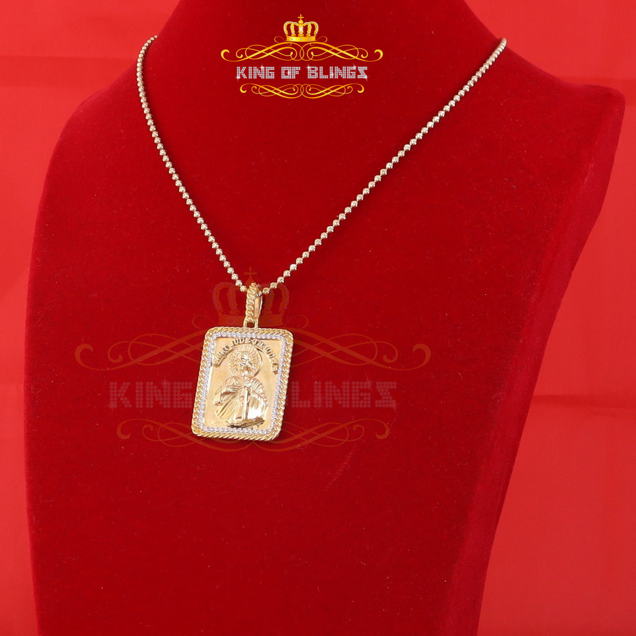 King Of Bling's Men's 925 San Judas Silver 0.66ct CZ Square 1.00 inch SAINT JUDE Yellow Pendant